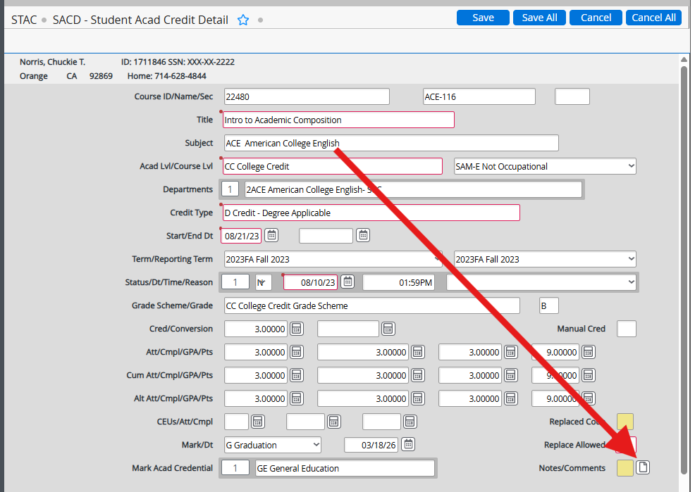 Detail into Notes/Comments
